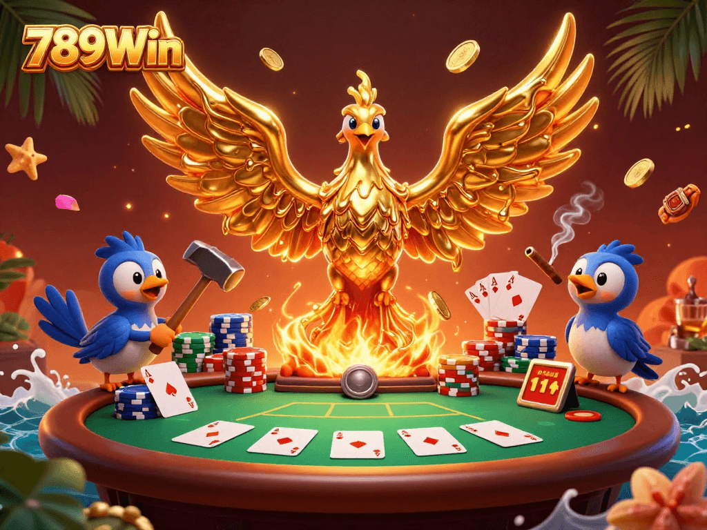 Experience the excitement of 789Win as a molten phoenix emerges over poker elements, showcasing vibrant gambling action.