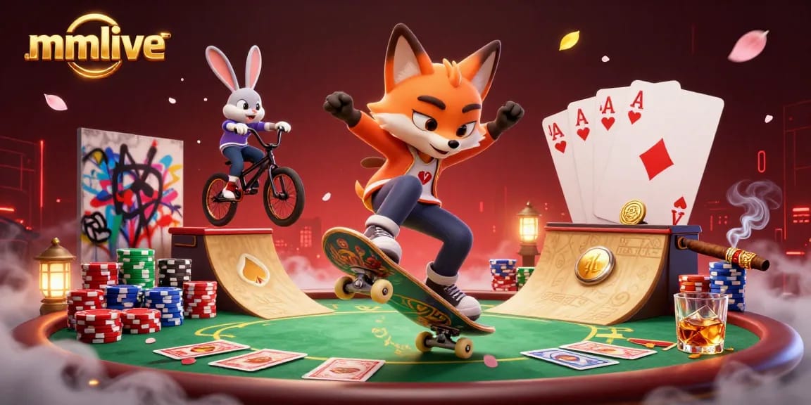 Engage in mmlive with a vibrant 3D scene of a skateboarder fox and BMX rabbit at a lively casino.