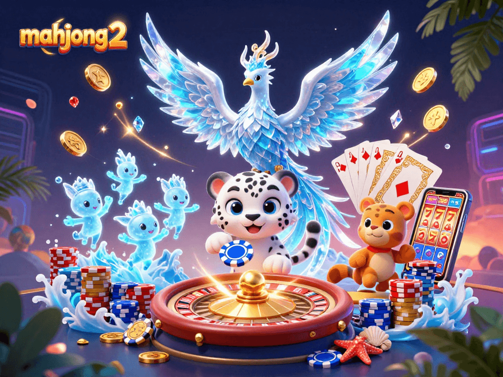 Experience the excitement of mahjong 2 with a colorful illustration featuring dynamic casino elements.