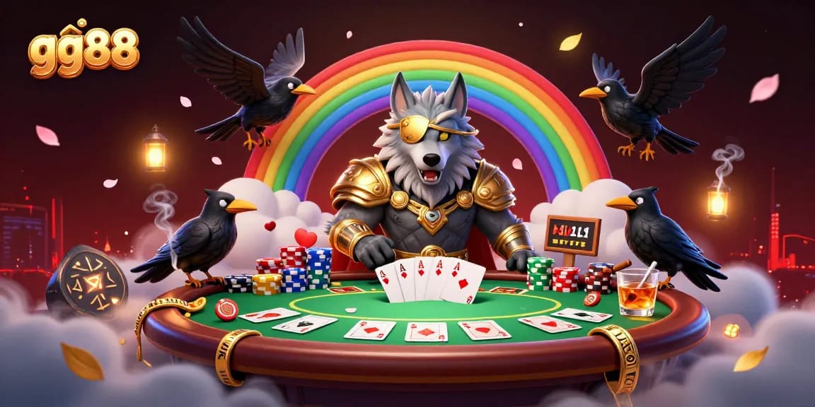 Win big with gg88 in a vibrant casino scene featuring card games and Norse mythology-inspired elements.