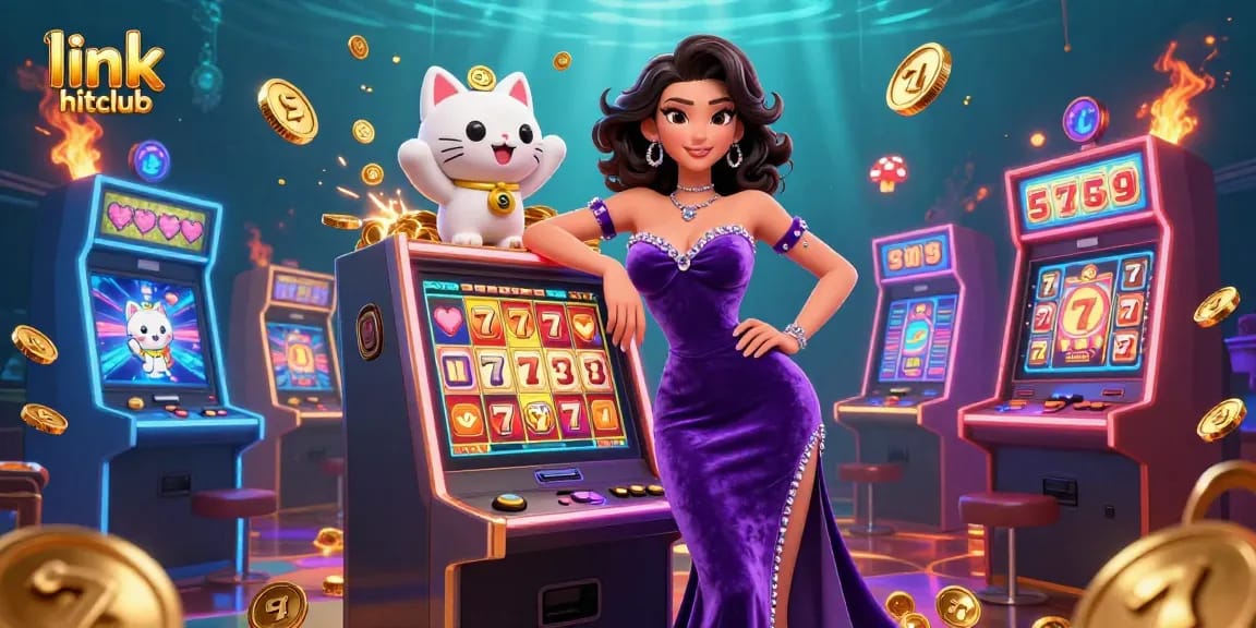 Spin and win at link hitclub with vibrant slot machines and 3D characters enjoying the jackpot.