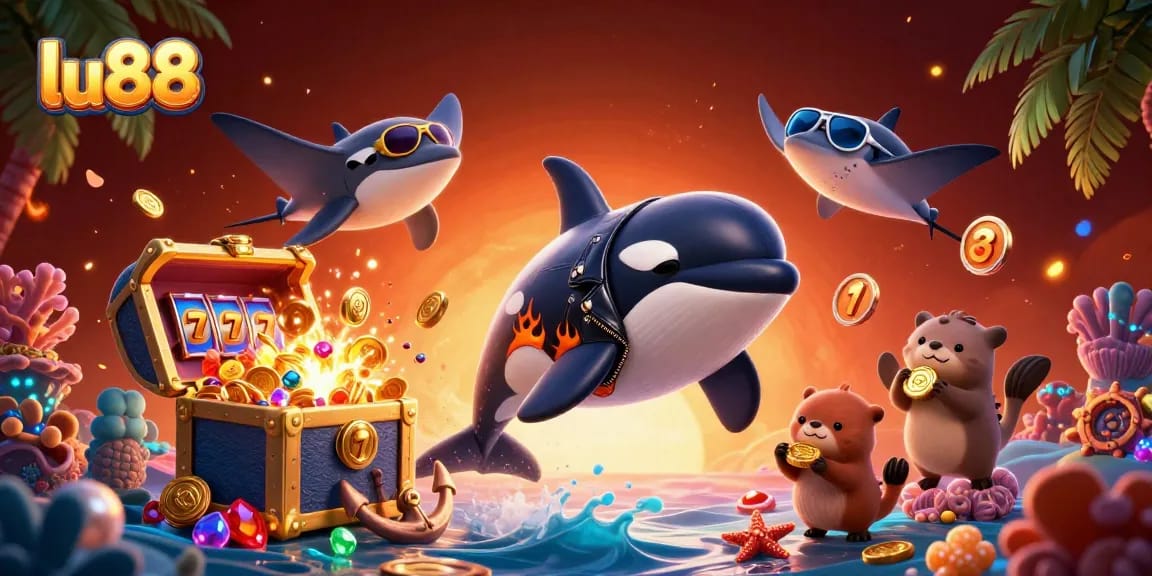 Experience thrilling wins at lu88 with playful sea creatures amidst floating slot reels and golden coins.