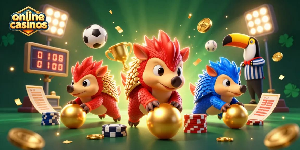 Engaging illustration of rival pangolins competing in online casinos, surrounded by vibrant game elements.