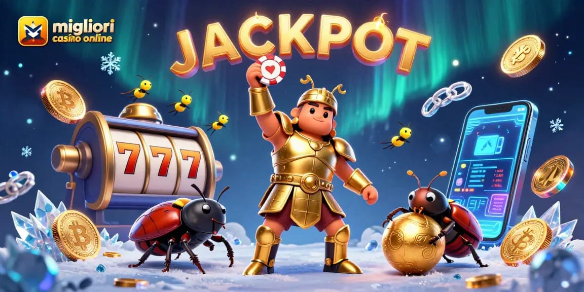 Migliori casino online: eroe scarabeo in armatura dorata celebra vittoria con chip, affiancato da insetto e lucciole.