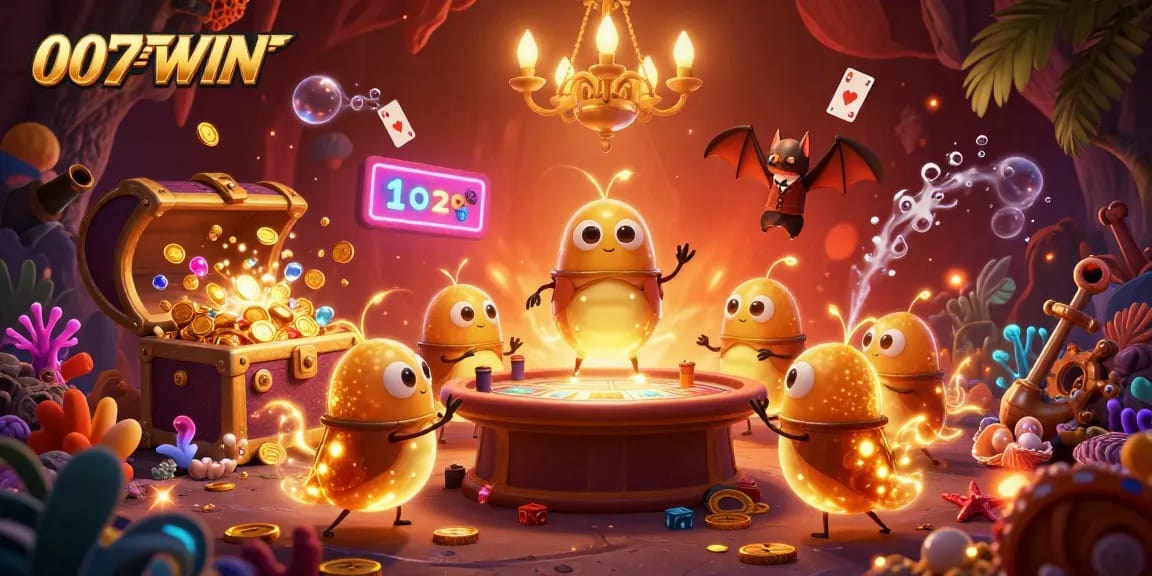 Experience the vibrant casino atmosphere of 007WIN with glowing flashlights and treasures in this animated illustration.