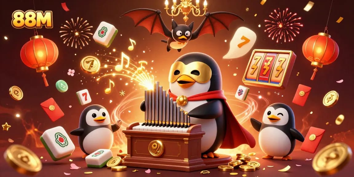 Join the fun at 88M with golden coins, slot reels, and festive elements enhancing the gaming adventure.