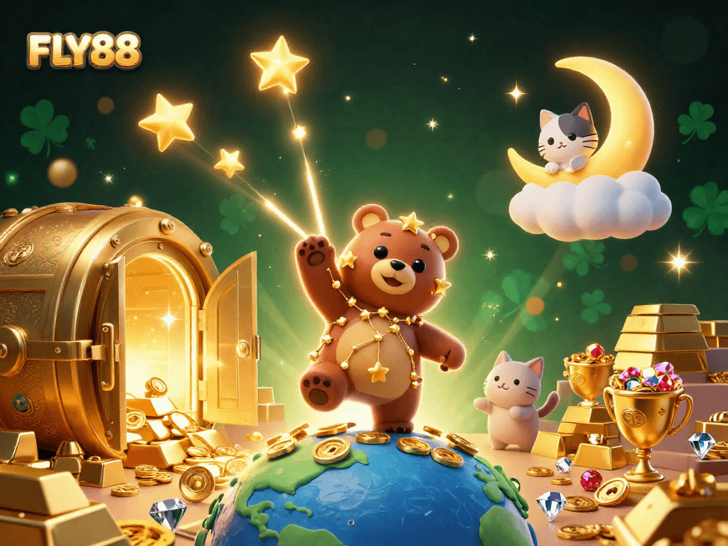 Experience the excitement of FLY88 with a dazzling digital scene featuring vibrant characters and elements of wealth and fortune.