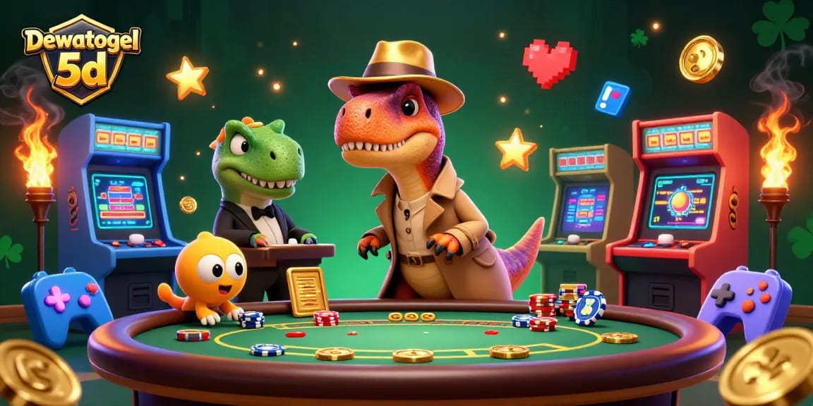 Dewatogel 5d showcases a fun 3D illustration of a velociraptor card counter at a blackjack table, surrounded by vibrant casino elements.