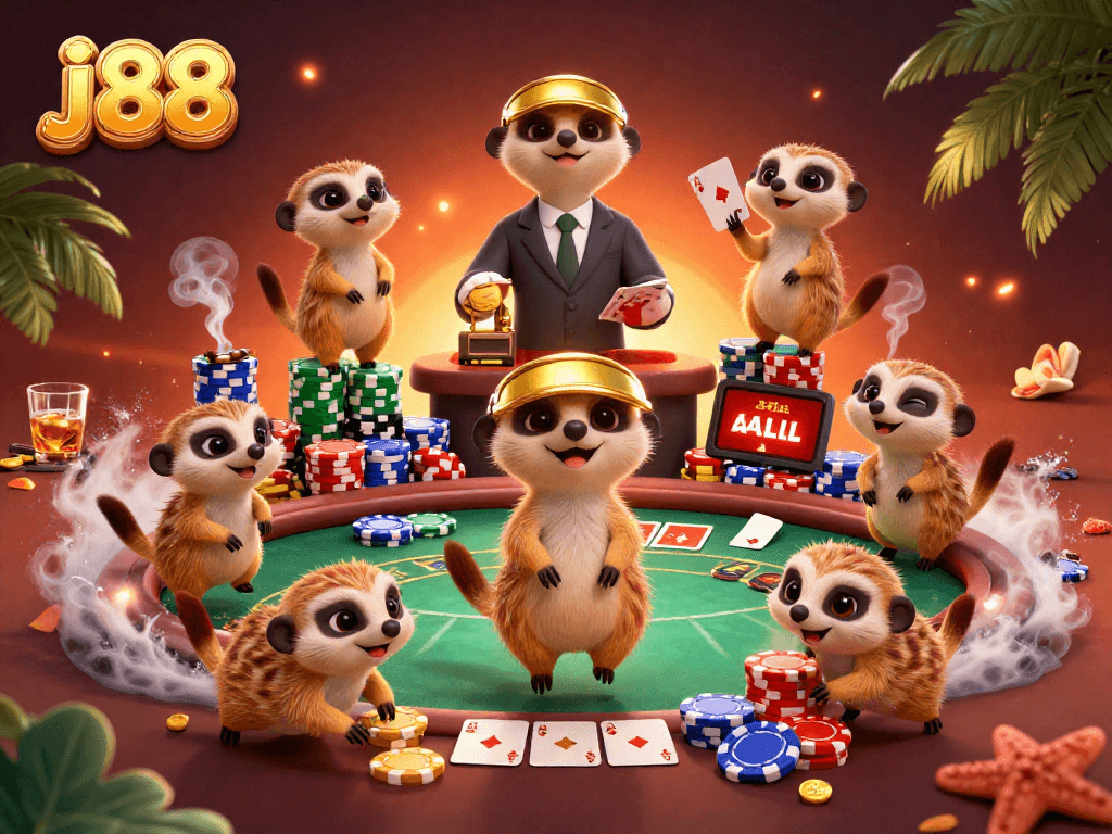 Engage with j88 gameplay featuring a meerkat casino operation in a vibrant illustrated scene.