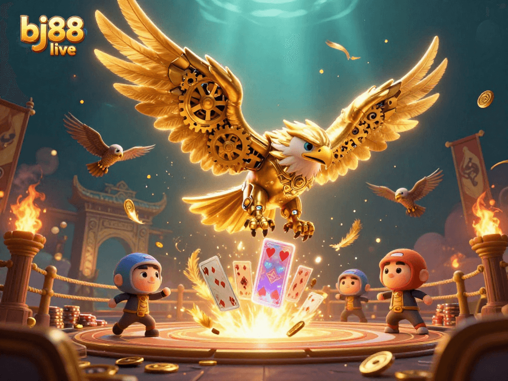 Experience the excitement of bj88 live casino with a vibrant, action-packed illustration featuring a cybernetic eagle amid casino elements.