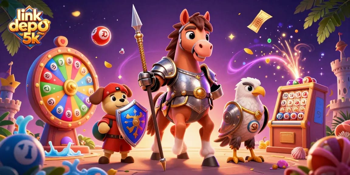Engage with link depo 5k for thrilling jackpot opportunities, featuring vibrant gambling elements and characters.