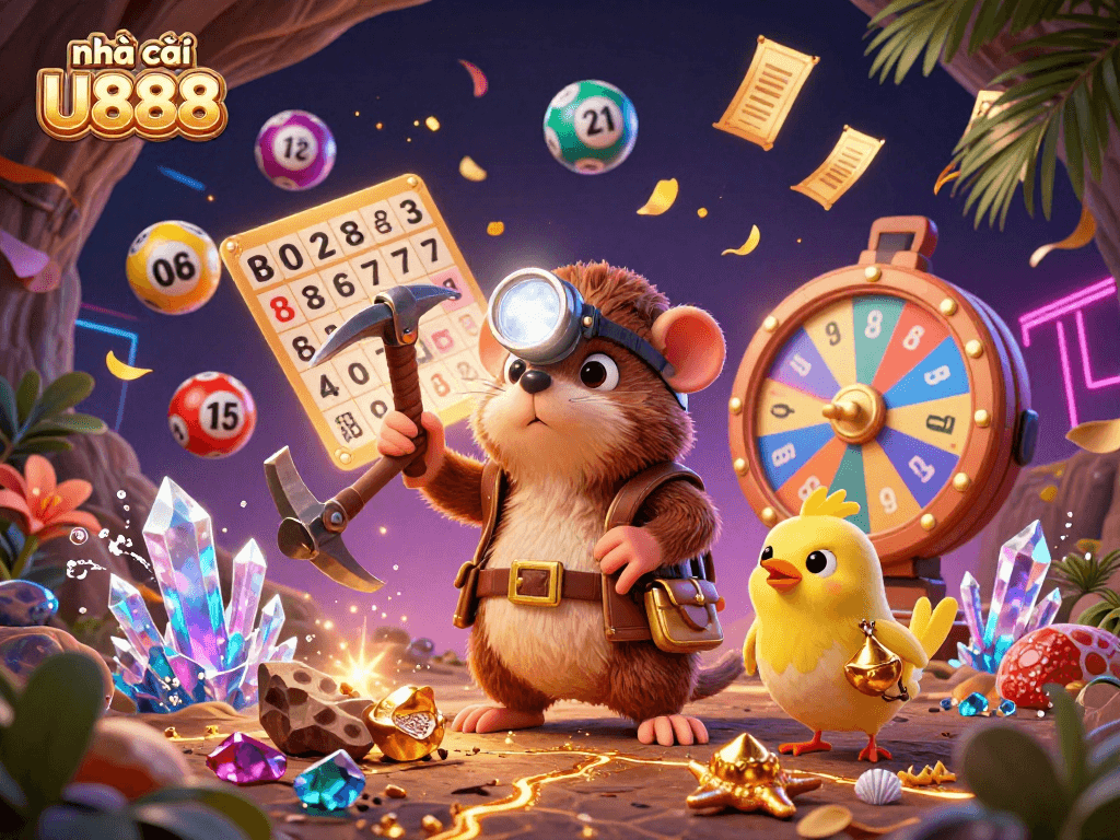 The 3D cartoon treasure hunter mole with canary symbolizes nhà cái U888 excitement through colorful lottery elements.
