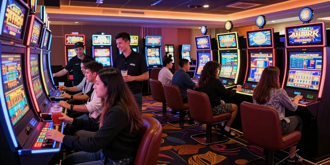 Exciting gambling scene with players at slot machines, featuring link apizeus777 for online enjoyment.