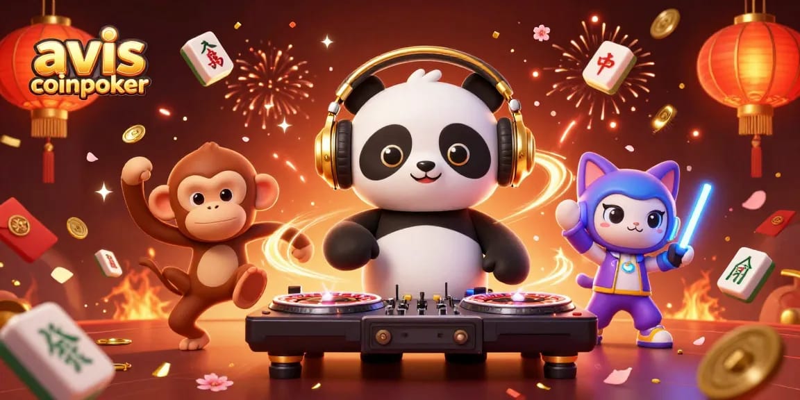 Évaluez CoinPoker avec des personnages animés dans un casino, signes de bonheur et jeux de chance.