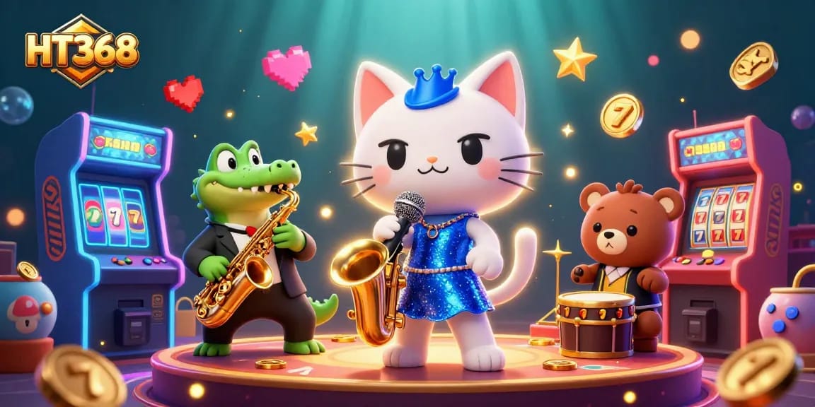 Experience the excitement of HT368 with a vibrant casino scene featuring jazz-singer cat and live gaming elements.