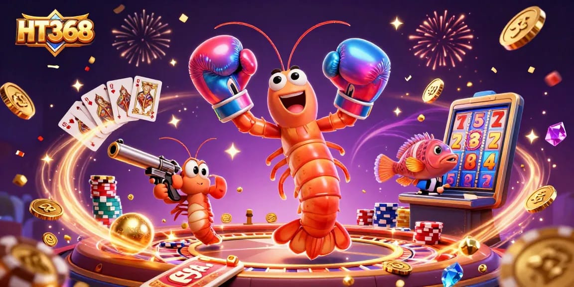 HT368 offers vibrant casino action with shrimp characters amidst cascading coins and a spinning roulette wheel.