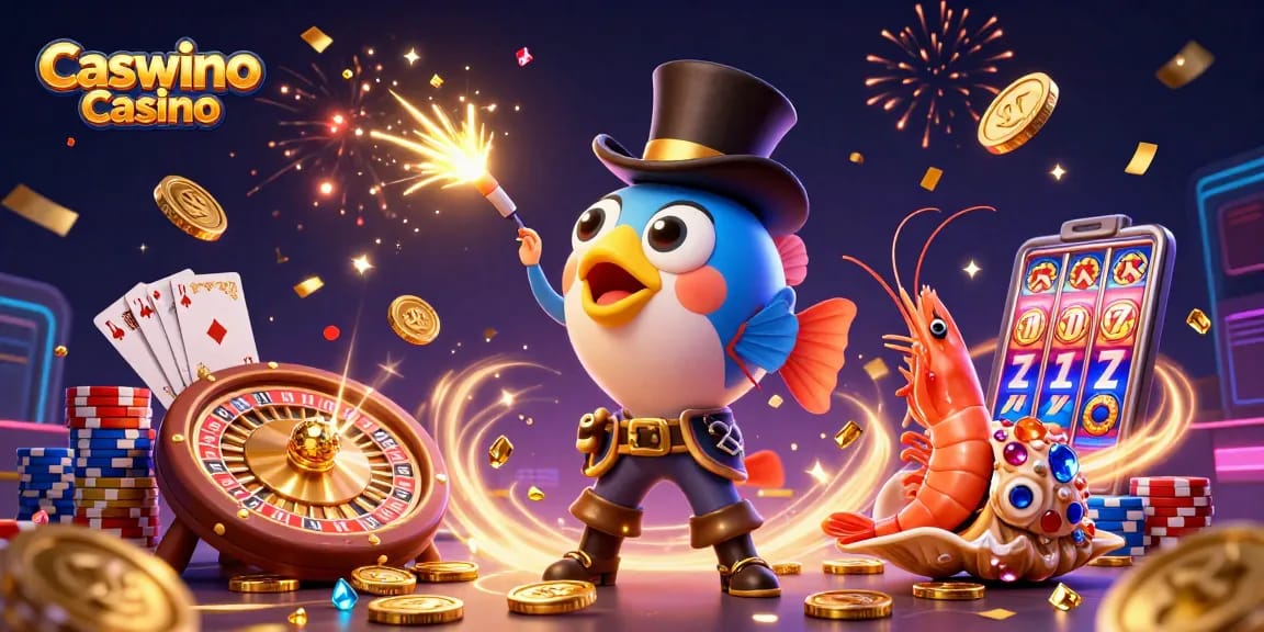 Experience the thrill at Caswino Casino with adventurous deep-sea characters amidst dazzling casino elements.