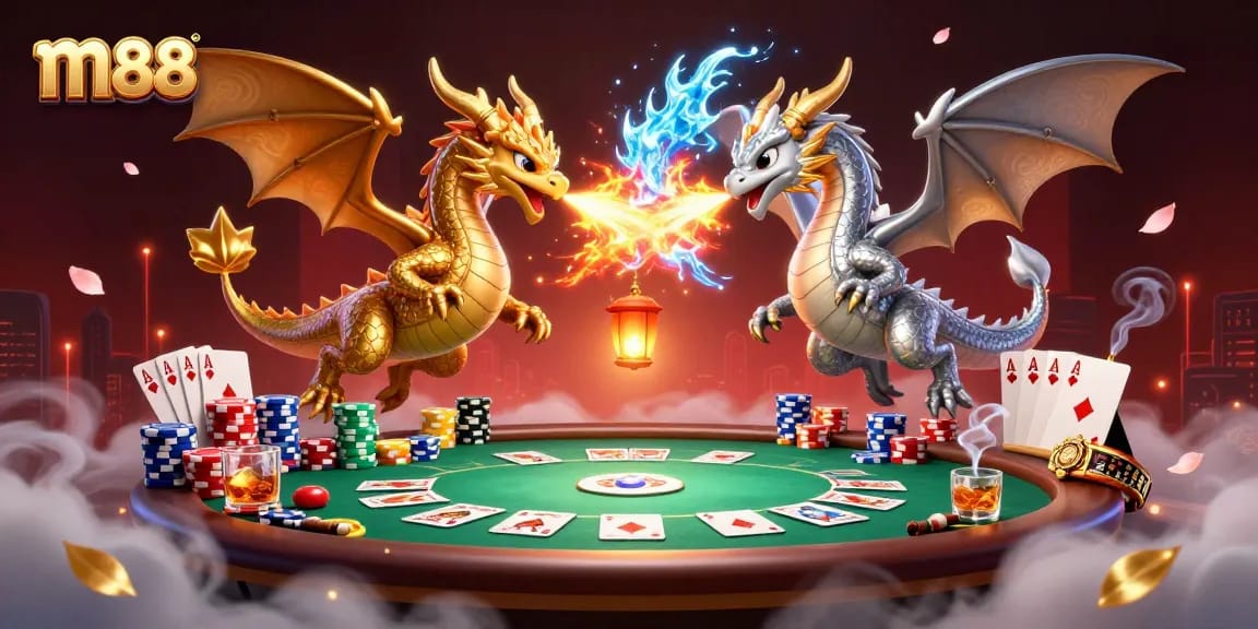 Experience thrilling m88 betting action with dynamic dragons and vibrant poker elements.
