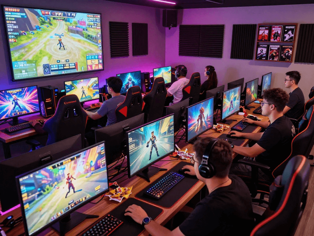 Play interactive porn games in a vibrant gaming environment with diverse players engaged and illuminated screens.