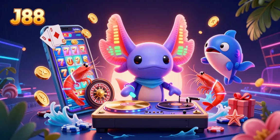 Engage with J88's vibrant 3D casino scene featuring an axolotl DJ and joyful characters.