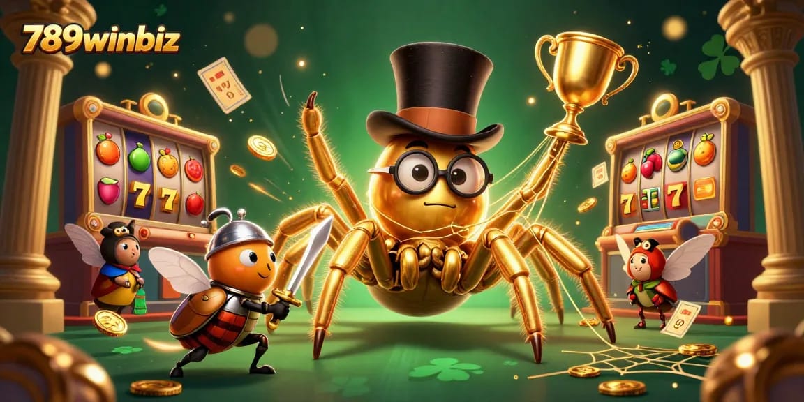 Experience the thrill of 789winbiz with a captivating 3D casino scene featuring a golden tarantula, beetle knight, and dynamic gambling elements.