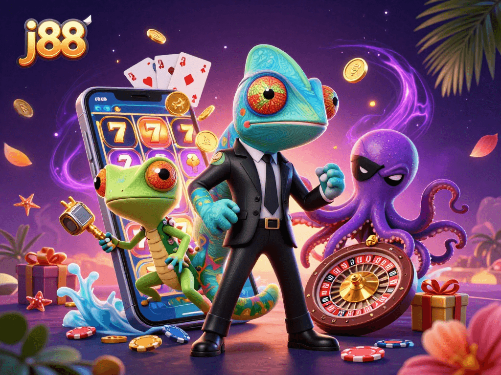 Experience thrilling wins at j88 with vibrant illustrations of casino gaming action.