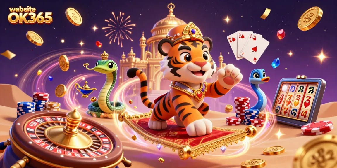 Place bets at website OK365 with a vibrant casino scene featuring a tiger sultan and magic elements.