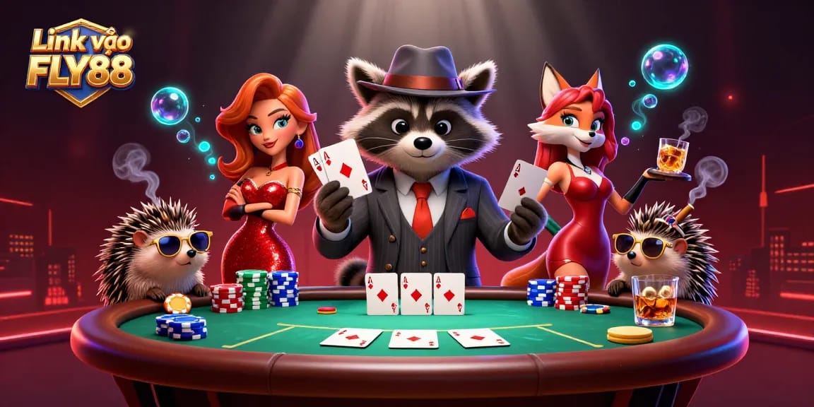 Experience thrilling gaming action with Link vào FLY88 featuring animated characters at a poker table.