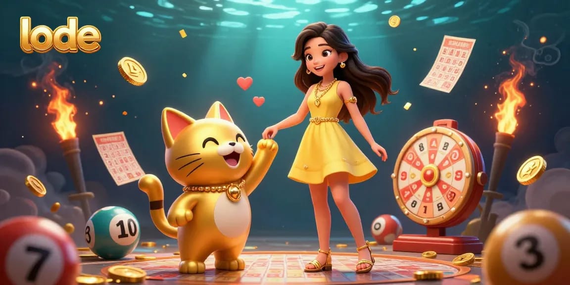 Engage with lode's vibrant lottery scene filled with colorful balls and a golden lucky cat.