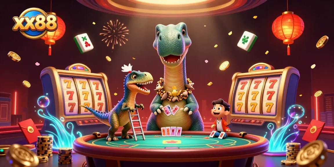 Play exciting games at xx88 with vibrant 3D visuals capturing poker and slot action in a lively casino