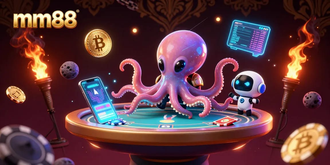 Engage in thrilling gaming dynamics with mm88's 3D alien octopus at a poker table, full of vibrant crypto elements.