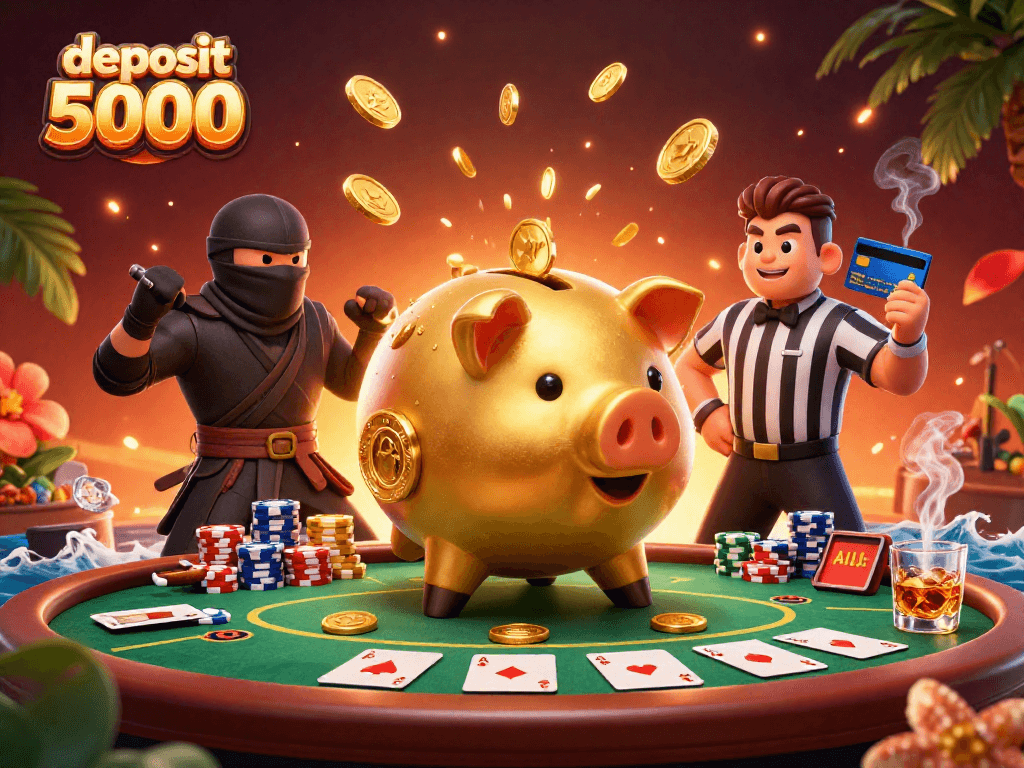 Engaging scene featuring deposit 5000 with a golden piggy bank sumo wrestler and poker elements