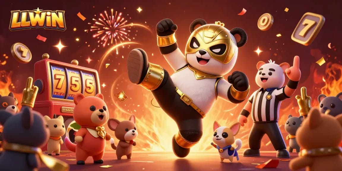 Experience exhilarating gaming action at LLWIN with a dynamic 3D scene featuring a panda wrestler, delightful spectators, and vibrant slot elements.