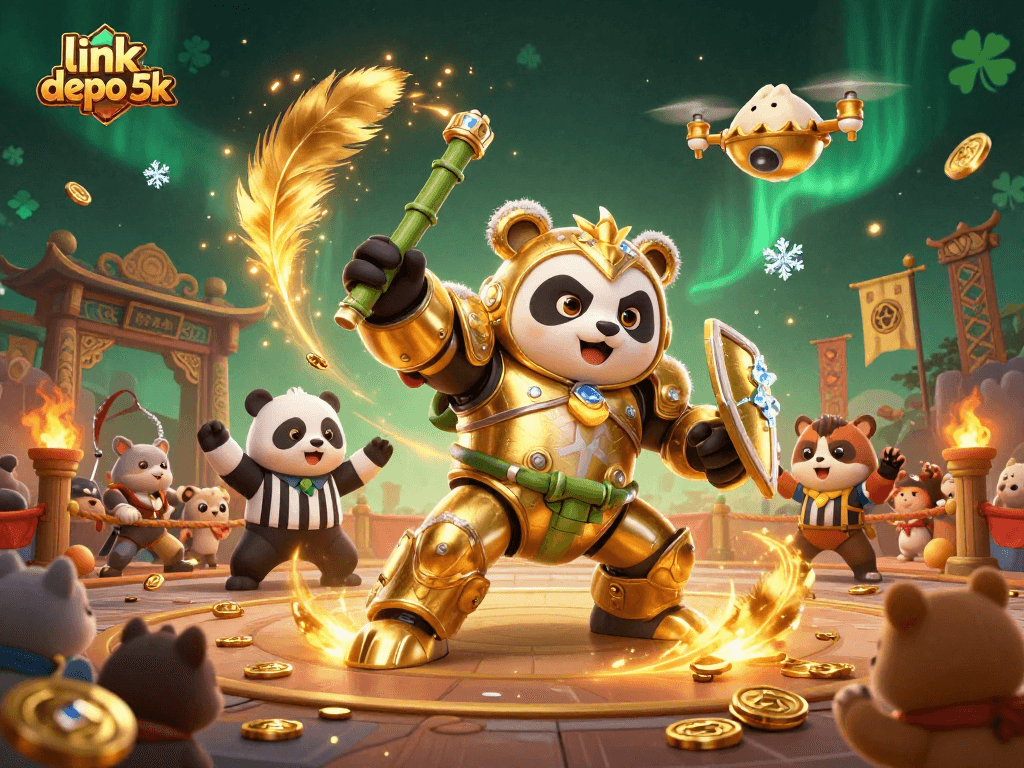 Experience the excitement of link depo 5k as you spin slot reels in a vibrant 3D casino scene.