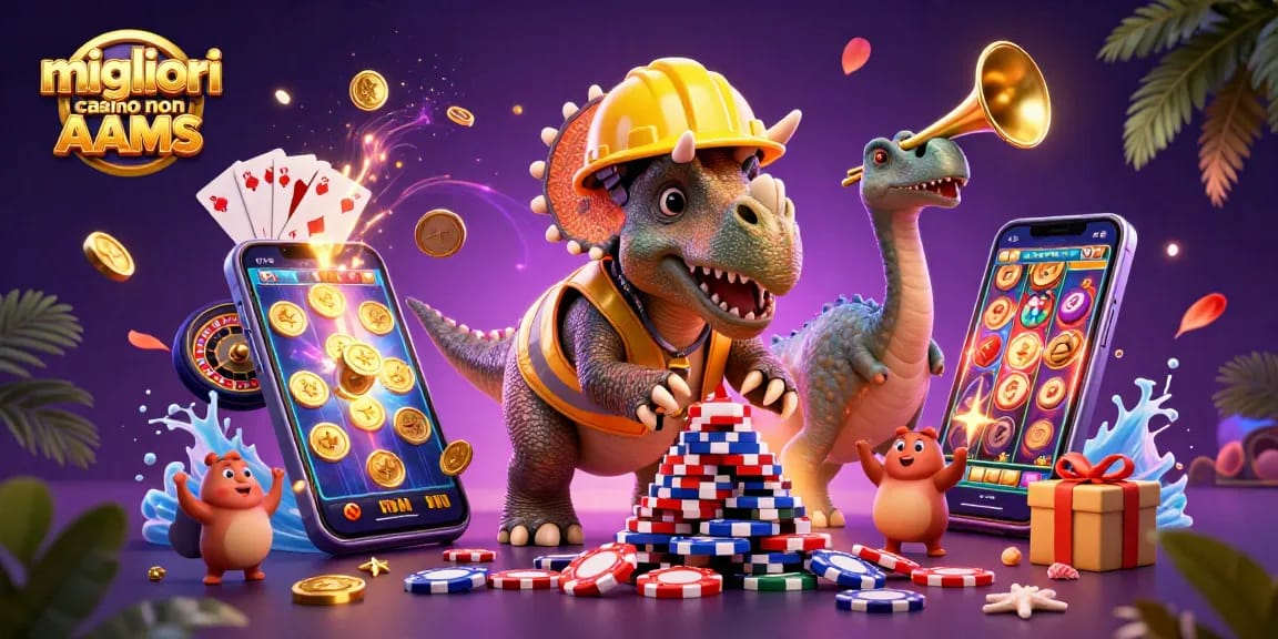 Migliori casino non AAMS mostrano un triceratopo costruire torri di chip da poker con festeggiamenti nel mondo del gioco.