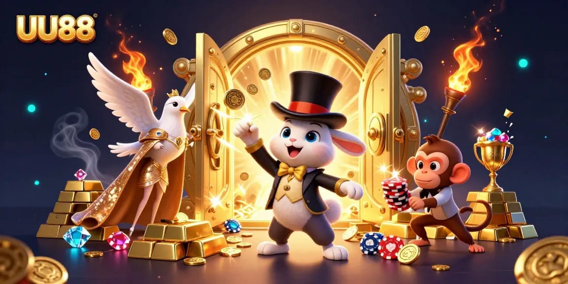 Experience thrilling wins with UU88 in this vibrant casino scene featuring magical characters and treasures.