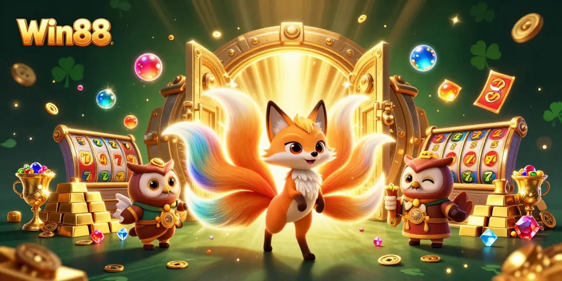 Win88 captivates with a vibrant 3D illustration showcasing a nine-tailed fox and owl amidst swirling slot reels and treasures.
