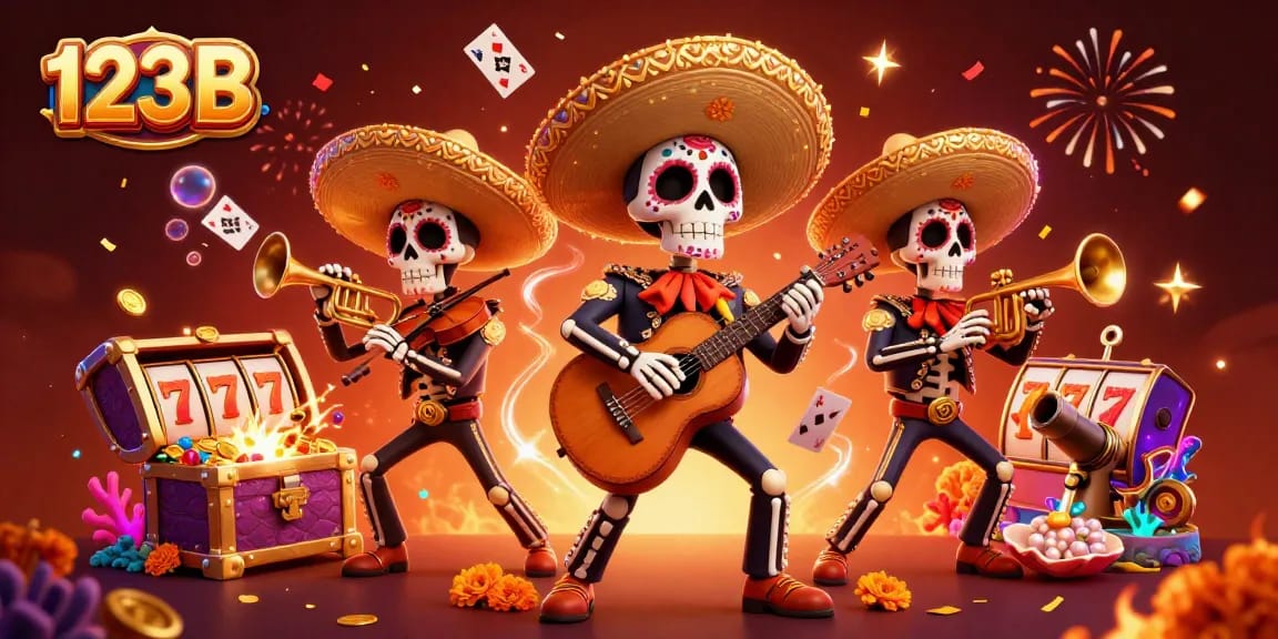 Experience the excitement of 123B with a dynamic cartoon mariachi band among vibrant casino elements.