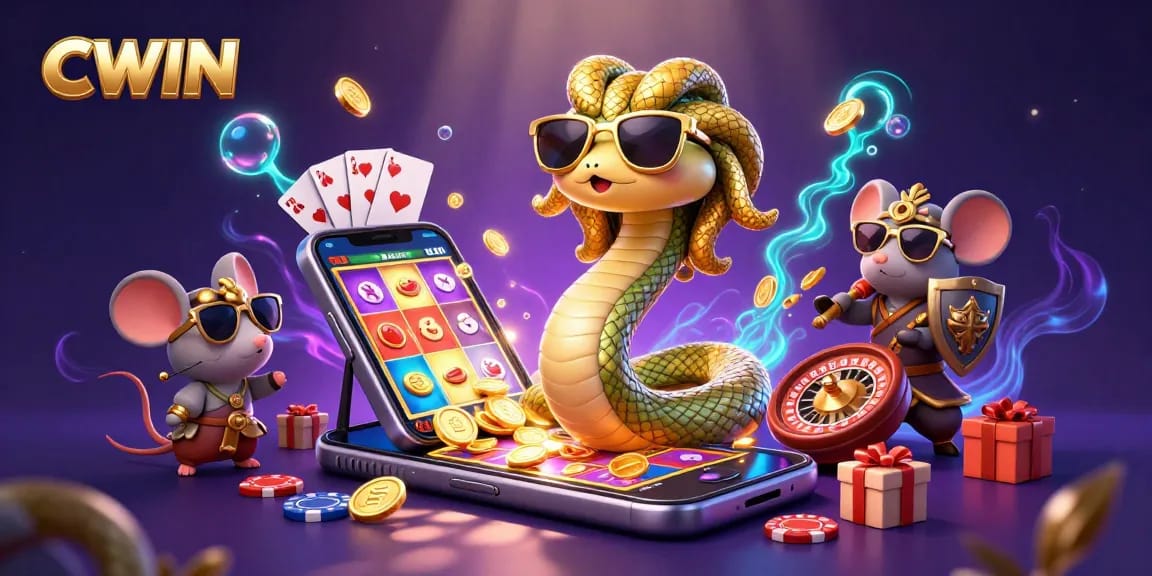 CWIN offers a vibrant 3D illustration showcasing Medusa and a warrior mouse immersed in slot games and casino excitement.