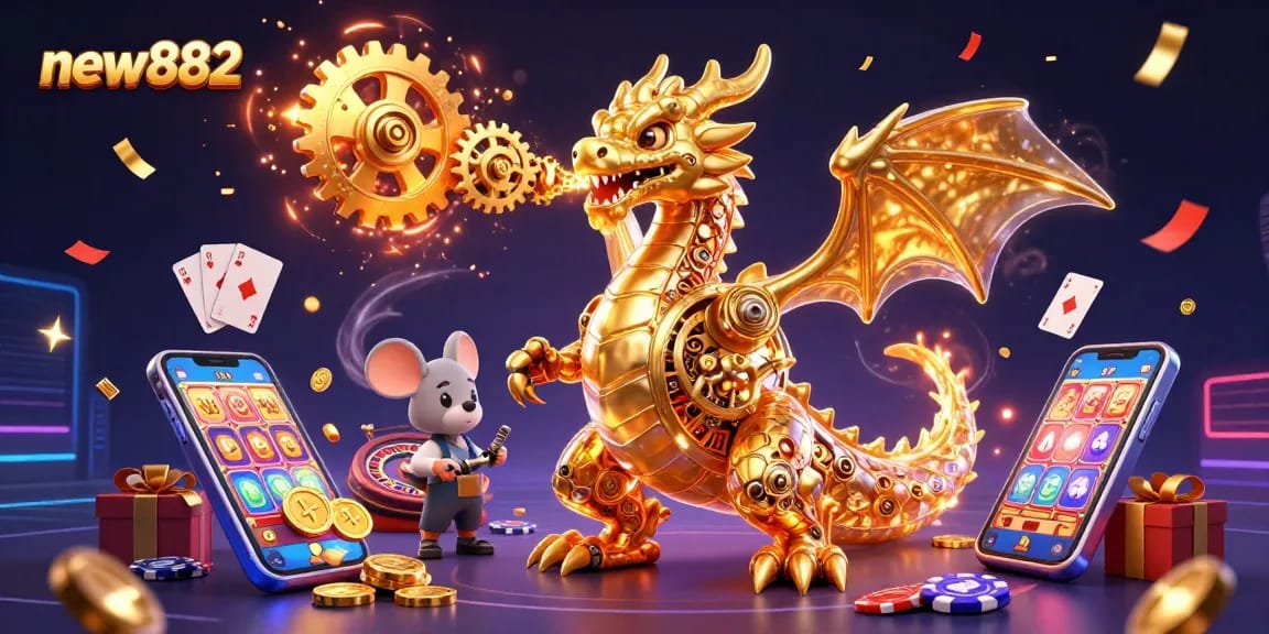 Win big with new882 in this vibrant casino scene featuring a golden dragon and exciting game elements.