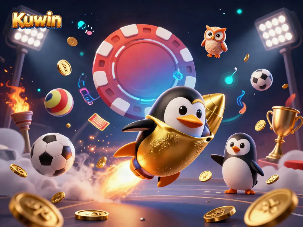Kuwin's golden penguin rocket launching through space towards a giant poker chip casino, surrounded by dynamic gaming elements.