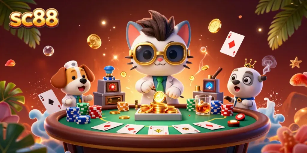 Experience the excitement of sc88 casino with a mad scientist cat and lab assistant amidst poker action.