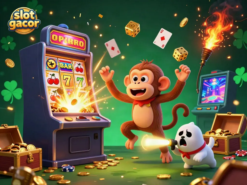 Engaging scene depicting slot gacor excitement with a mischievous monkey and ghost-hunter puppy in a casino.