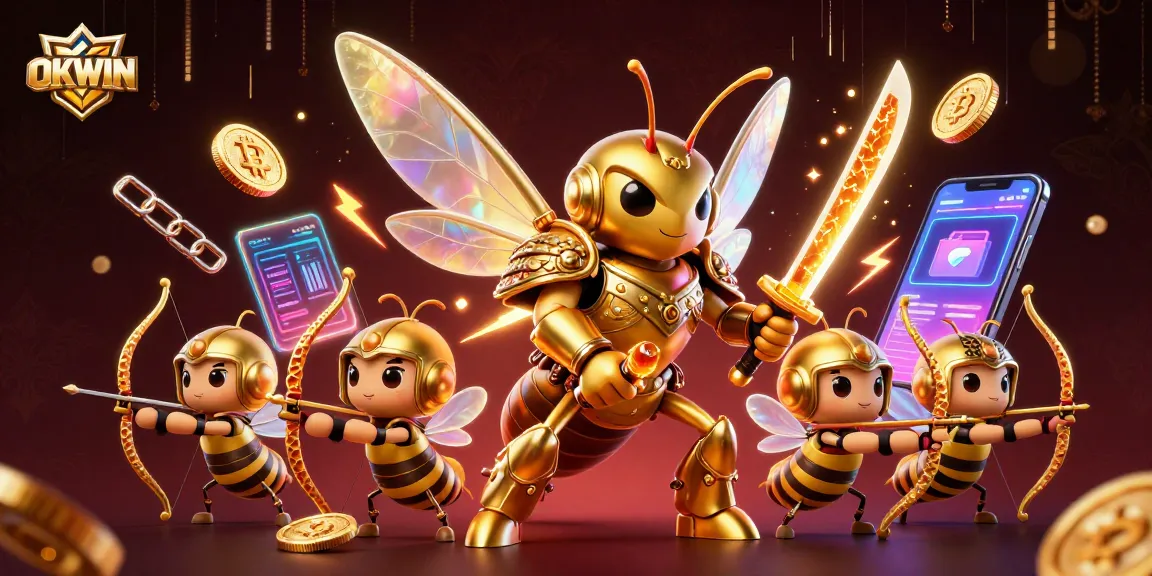 Engage with OKWIN’s dynamic casino experience featuring gold hornet warriors and crypto elements.
