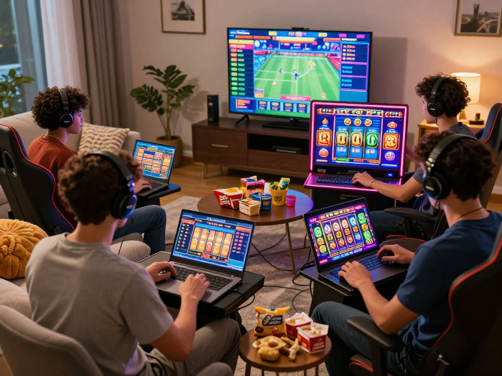 Joyful players enjoying slot gacor gameplay on modern devices in a cozy gaming atmosphere
