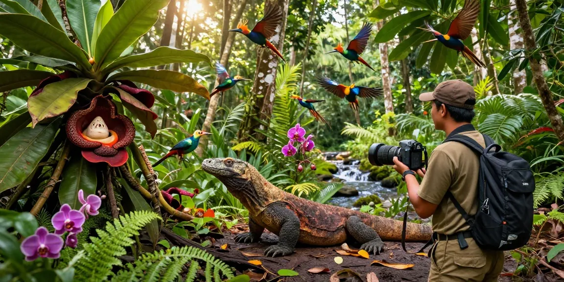 A wildlife researcher examining the diverse flora and fauna of Indonesia's rainforest, highlighting the rokok88 biodiversity portal.