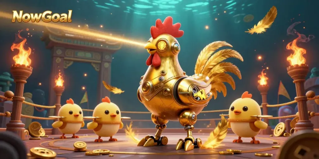 Engage with NowGoal's thrilling betting experience amidst vibrant casino elements, featuring a golden rooster robot and dynamic chick drones.