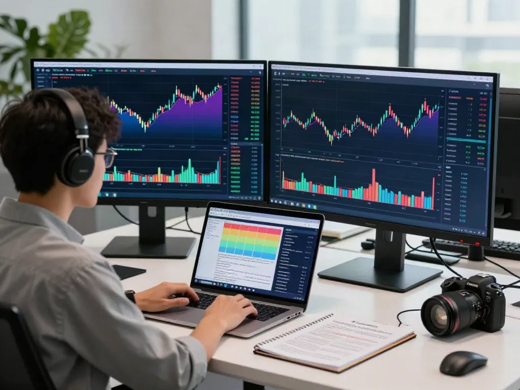 Trader analyzing TradingView charts in a modern workspace.