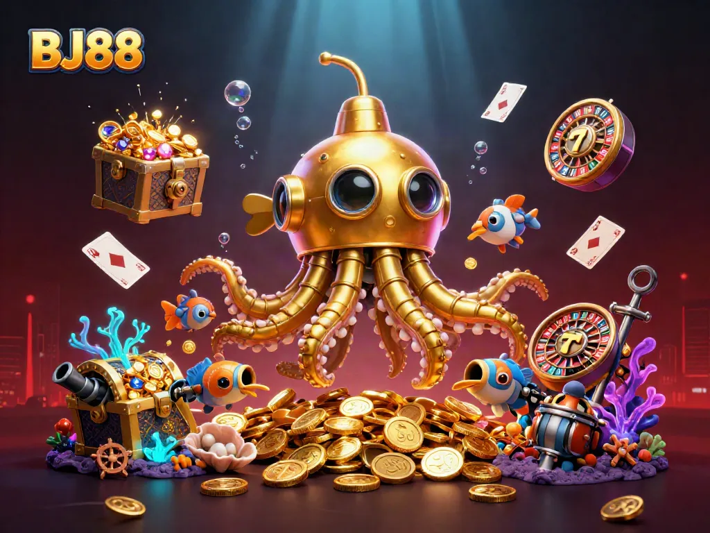 Play exciting games at BJ88 Casino with a golden kraken submarine amidst gold coins and vibrant slot reels.