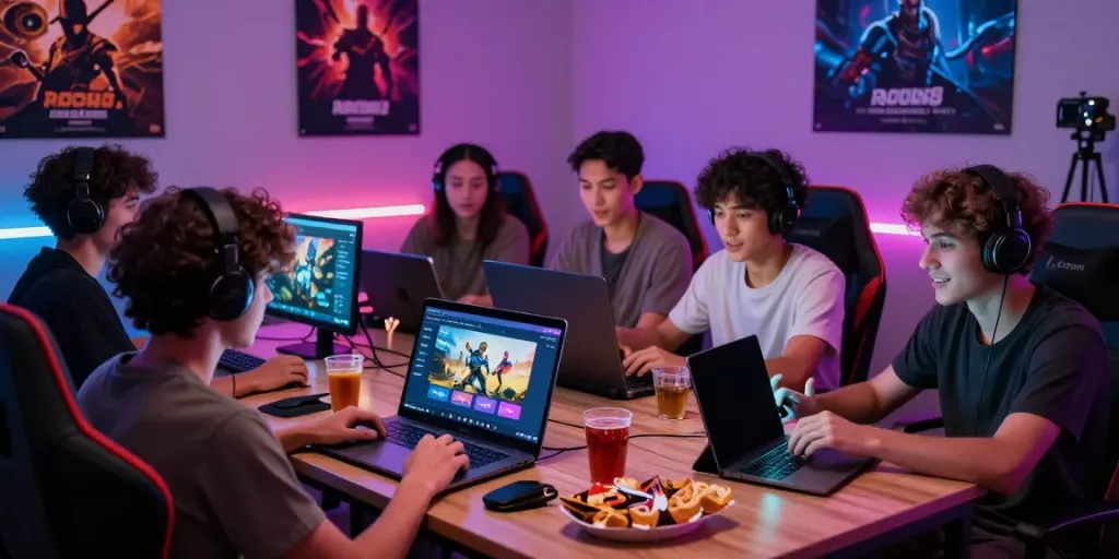 Friends using various devices for rokok88 login in a vibrant gaming environment
